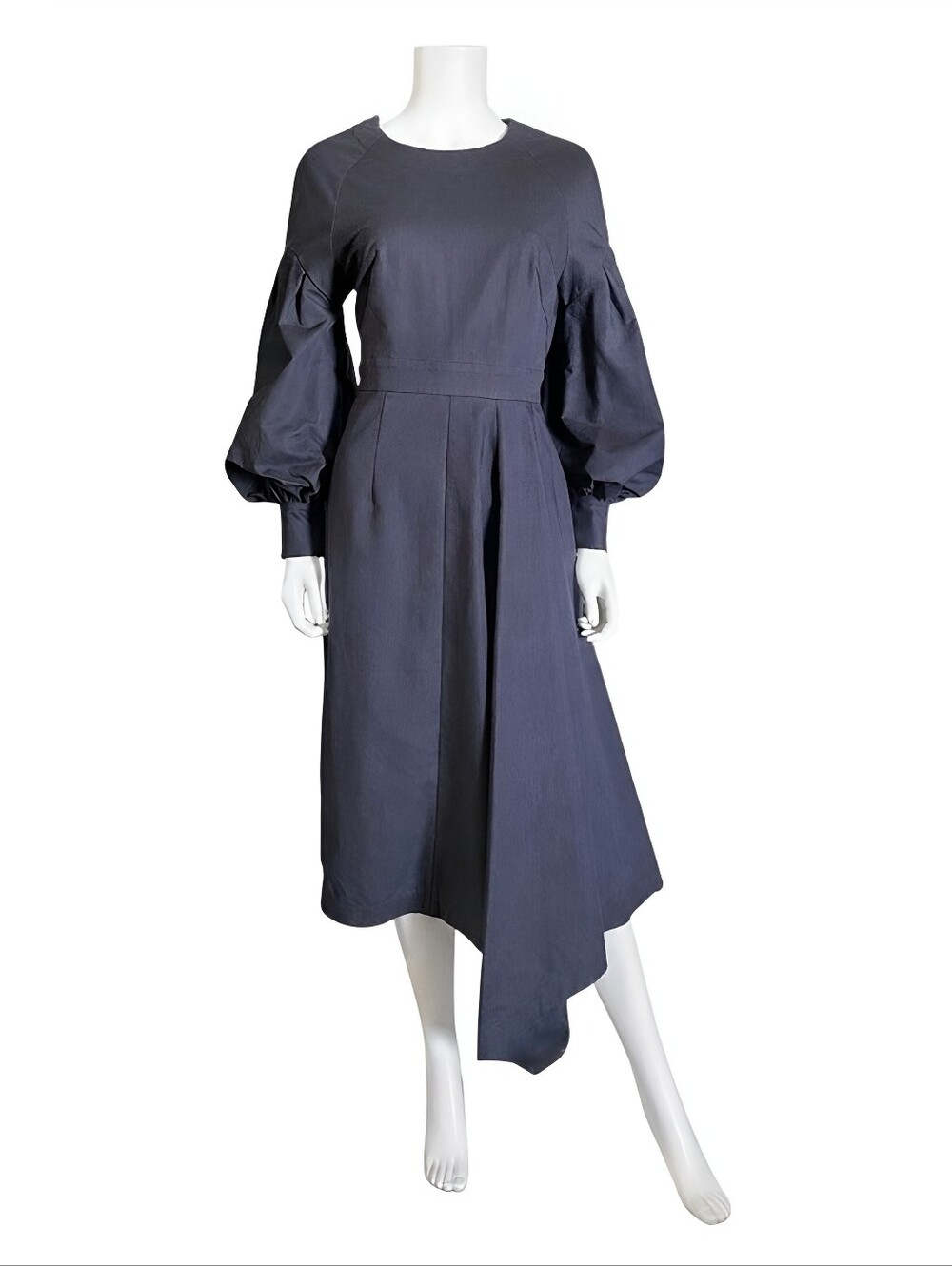 HUISHAN ZHANG | Asymmetric Pleated Balloon Sleeve Midi Dress Charcoal Grey US 8